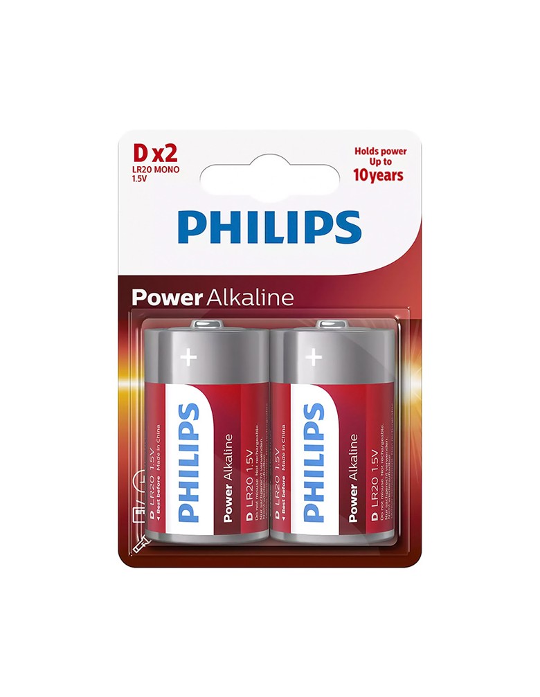 PHILIPS Power αλκαλικές μπαταρίες LR20P2B/10, Mono D LR20 1.5V, 2τμχ