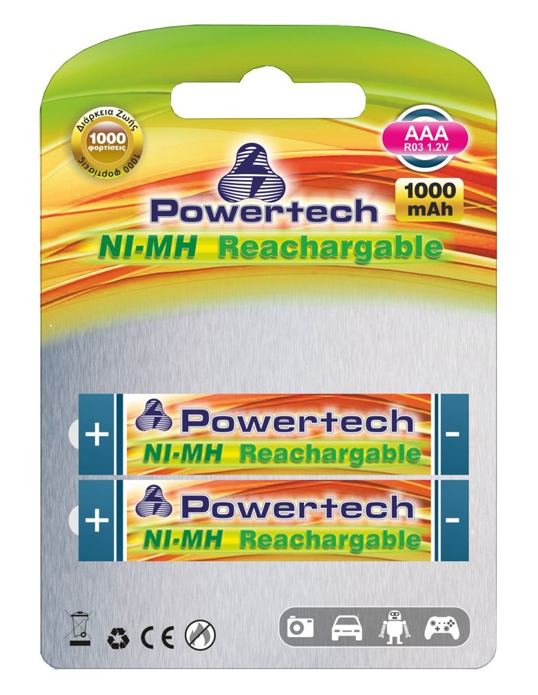 POWERTECH επαναφορτιζόμενη μπαταρία PT-159 1000mAh, AAΑ (R03), 2 τμχ