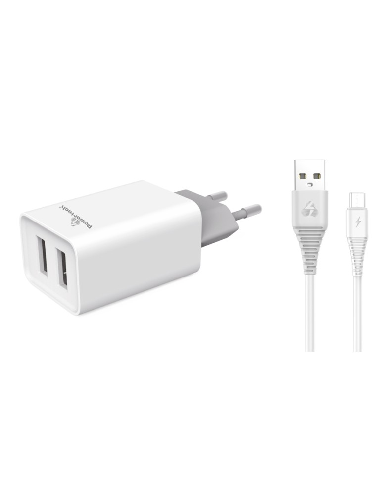 POWERTECH φορτιστής τοίχου PT-775, καλώδιο micro USB, 2x USB 2.1A, λευκό