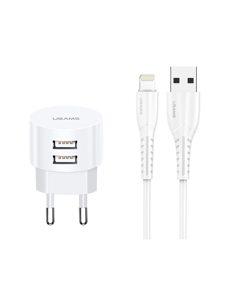 USAMS φορτιστής τοίχου T20 & καλώδιο Lightning, 2x USB, 2.1A, λευκός