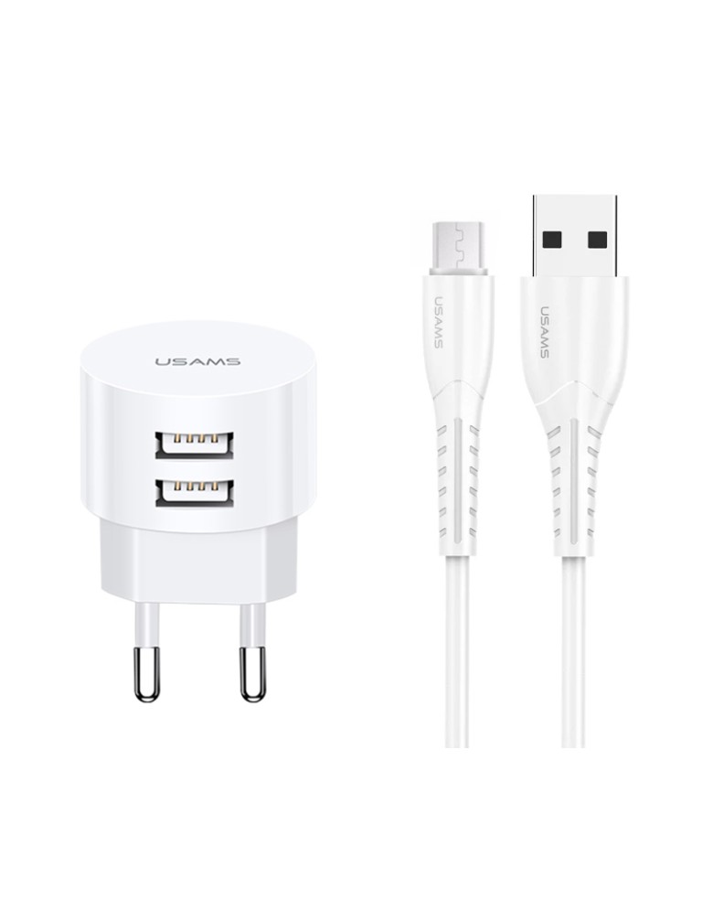 USAMS φορτιστής τοίχου T20 & καλώδιο Micro USB, 2x USB, 2.1A, λευκός