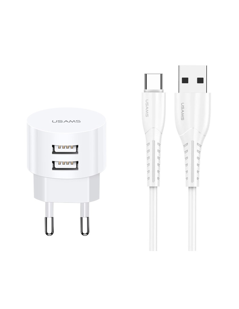 USAMS φορτιστής τοίχου T20 & καλώδιο type-C, 2x USB, 2.1A, λευκός