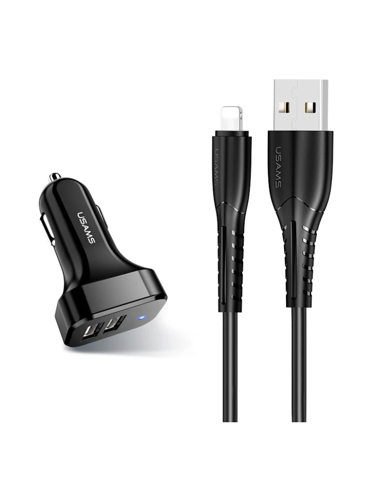 USAMS φορτιστής αυτοκινήτου C13 & καλώδιο Lightning, 2x USB, 2.1A, μαύρο