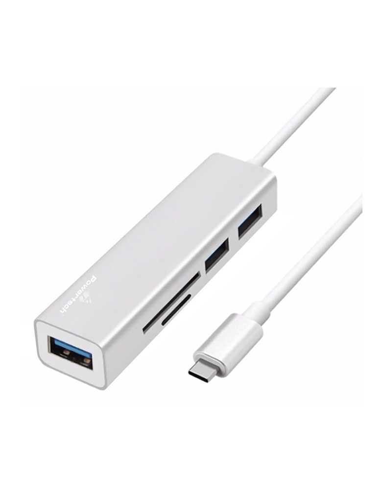 POWERTECH USB hub PT-926 με card reader, 5x θυρών, 5Gbps, USB-C, ασημί