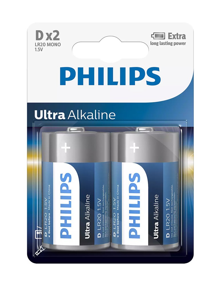 PHILIPS Ultra αλκαλικές μπαταρίες LR20E2B/10, Mono D LR20 1.5V, 2τμχ