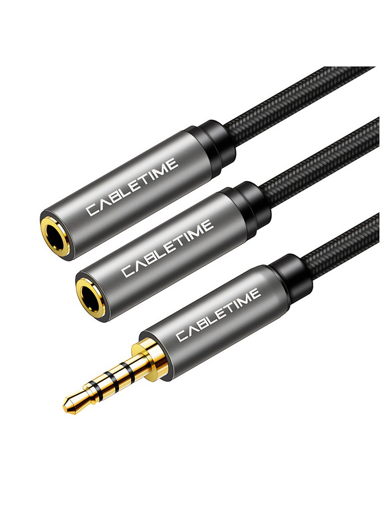 CABLETIME καλώδιο ήχου 3.5mm σε 2x 3.5mm CT-P12G4P, 4-pole, 20cm, μαύρο