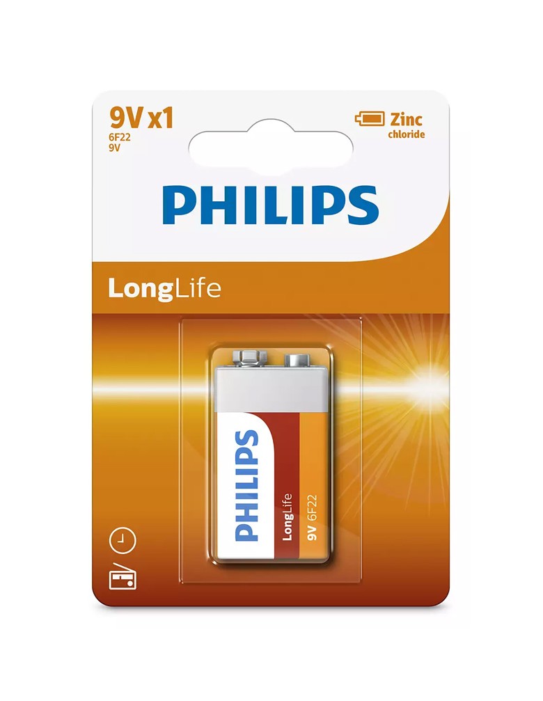 PHILIPS LongLife Zinc chloride μπαταρία 6F22L1B/10, 6F22 9V, 1τμχ