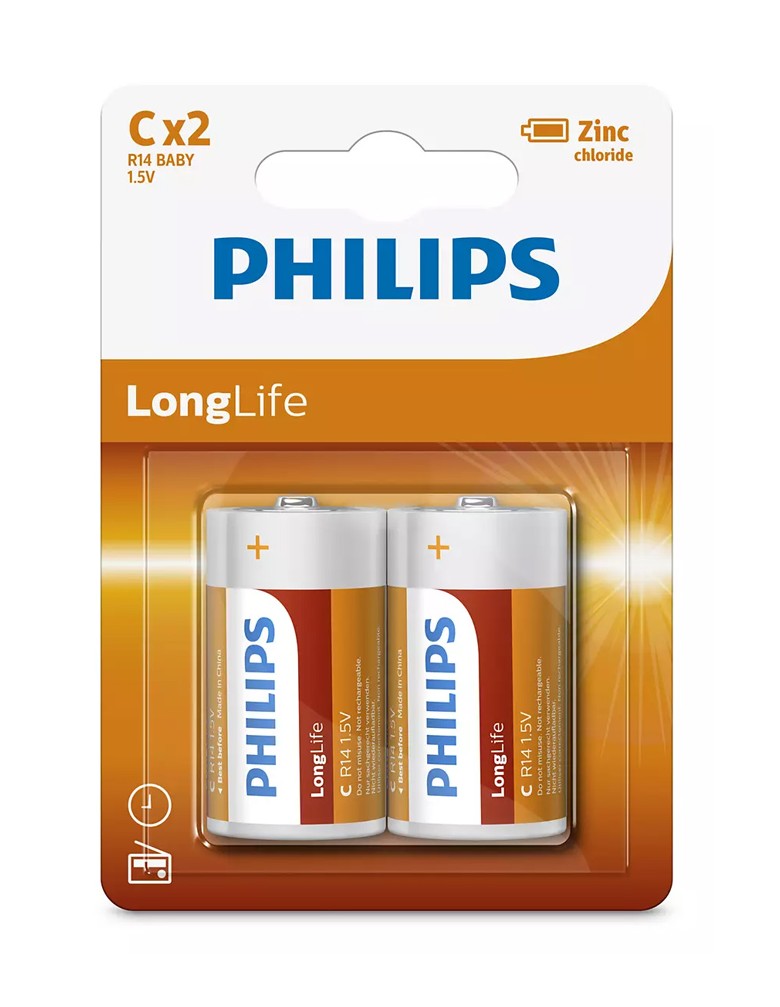 PHILIPS LongLife Zinc chloride μπαταρίες R14L2B/10, R14 1.5V, 2τμχ