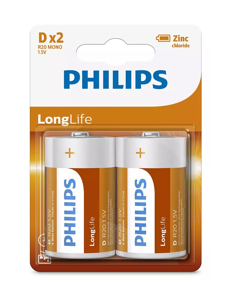 PHILIPS LongLife Zinc chloride μπαταρίες R20L2B/10, R20 1.5V, 2τμχ