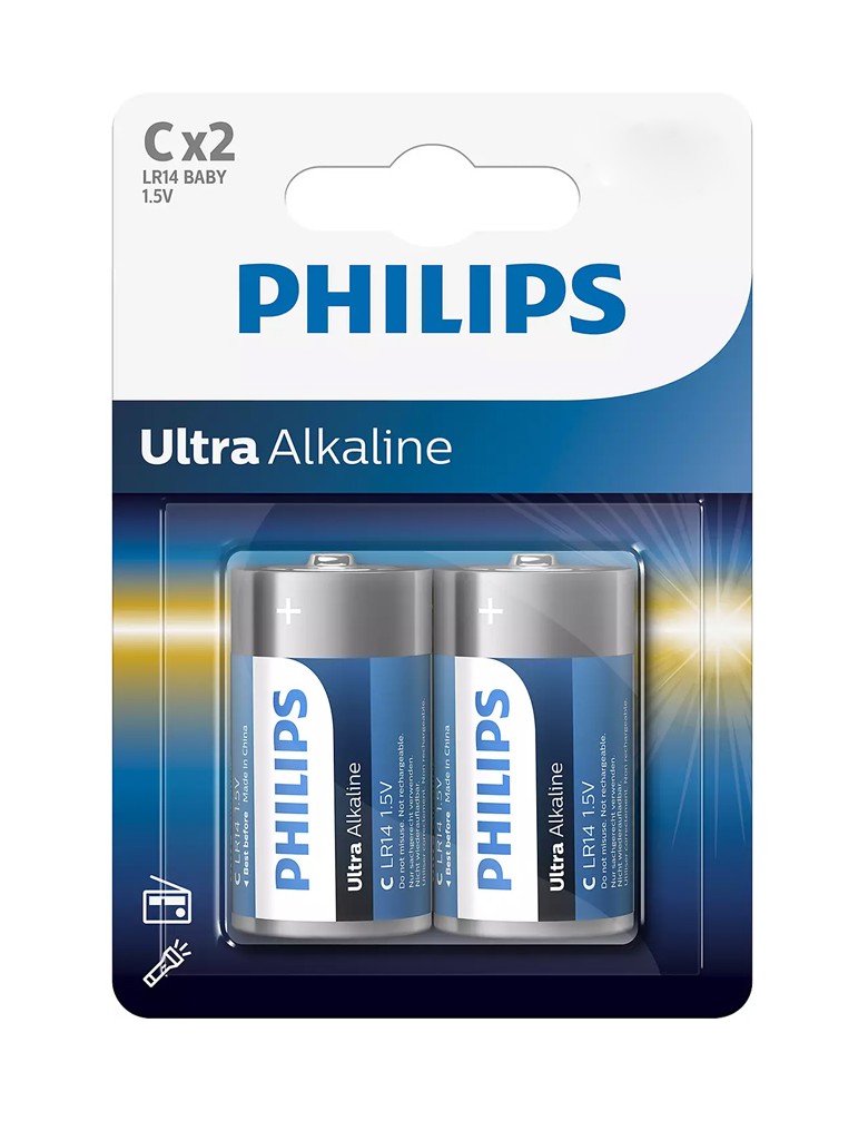 PHILIPS Ultra αλκαλικές μπαταρίες LR14E2B/10, LR14 1.5V, 2τμχ