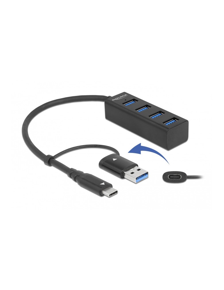 DELOCK USB hub 63828, 4x θυρών, 5Gbps, USB & USB-C σύνδεση, μαύρο