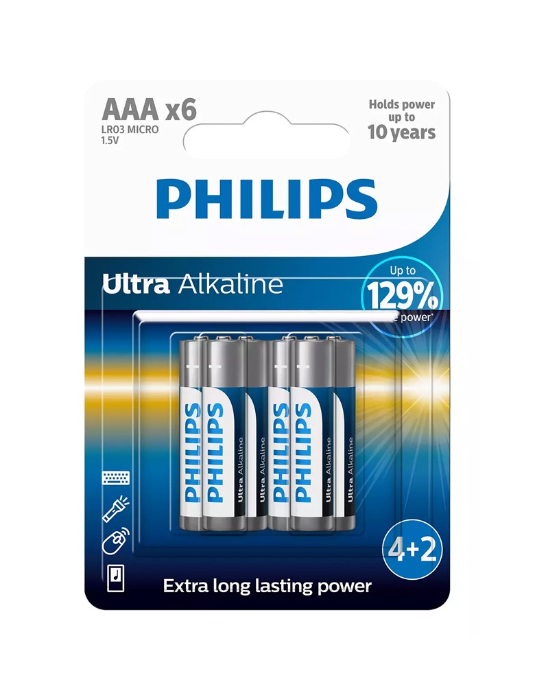 PHILIPS Ultra αλκαλικές μπαταρίες LR03E6BP/10, AAA LR03 1.5V, 6τμχ