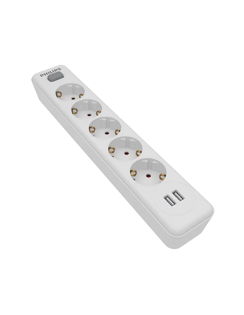 PHILIPS πολύπριζο SPN3052WA, 5x schuko 16A, 2x USB 2.4A, 2m, λευκό