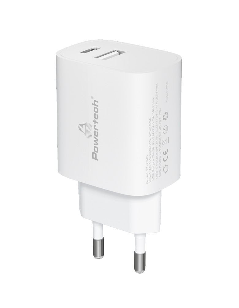 POWERTECH φορτιστής τοίχου PT-1040, USB & USB-C, PD QC3.0, 20W, λευκός