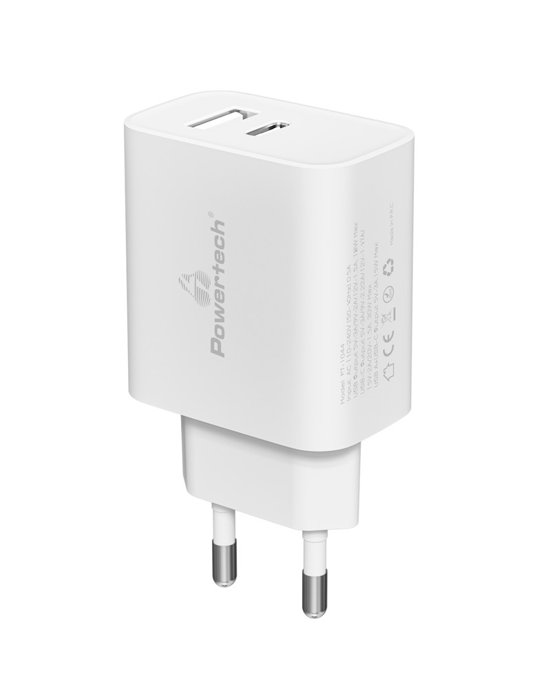 POWERTECH φορτιστής τοίχου PT-1044, USB & USB-C, PD QC3.0, 30W, λευκός