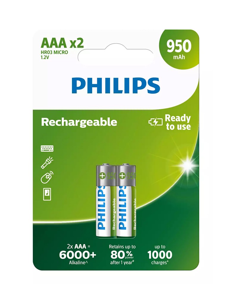 PHILIPS επαναφορτιζόμενη μπαταρία R03B2A95, 950mAh, AAA HR03 Micro, 2τμχ