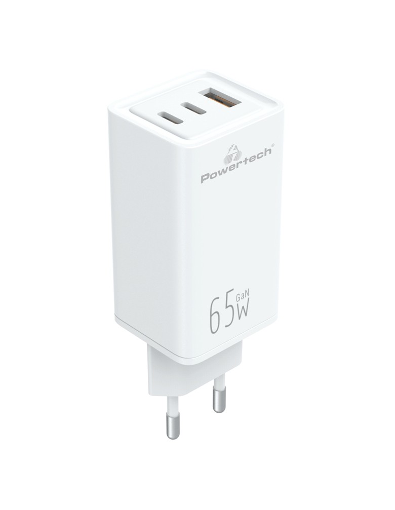 POWERTECH φορτιστής τοίχου PT-1094, USB & 2x USB-C, 65W, GaN, λευκός