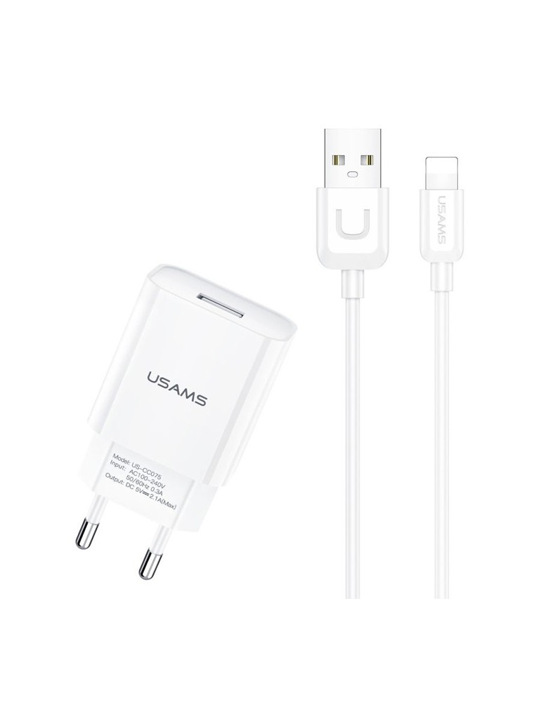 USAMS φορτιστής τοίχου T21OCLN01 με καλώδιο Lightning, USB 2.1A, λευκός