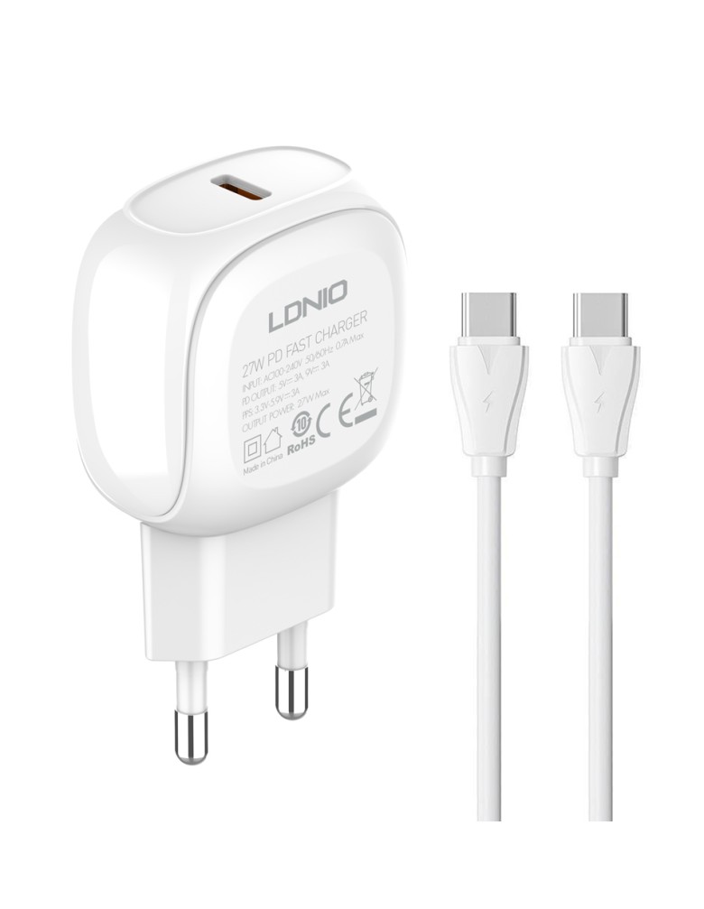 LDNIO φορτιστής τοίχου A1206C με καλώδιο USB-C, 1x USB-C, 27W PD, λευκός