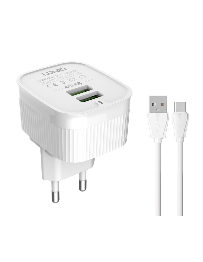 LDNIO φορτιστής τοίχου A201 με καλώδιο USB-C, 2x USB, 12W, λευκός