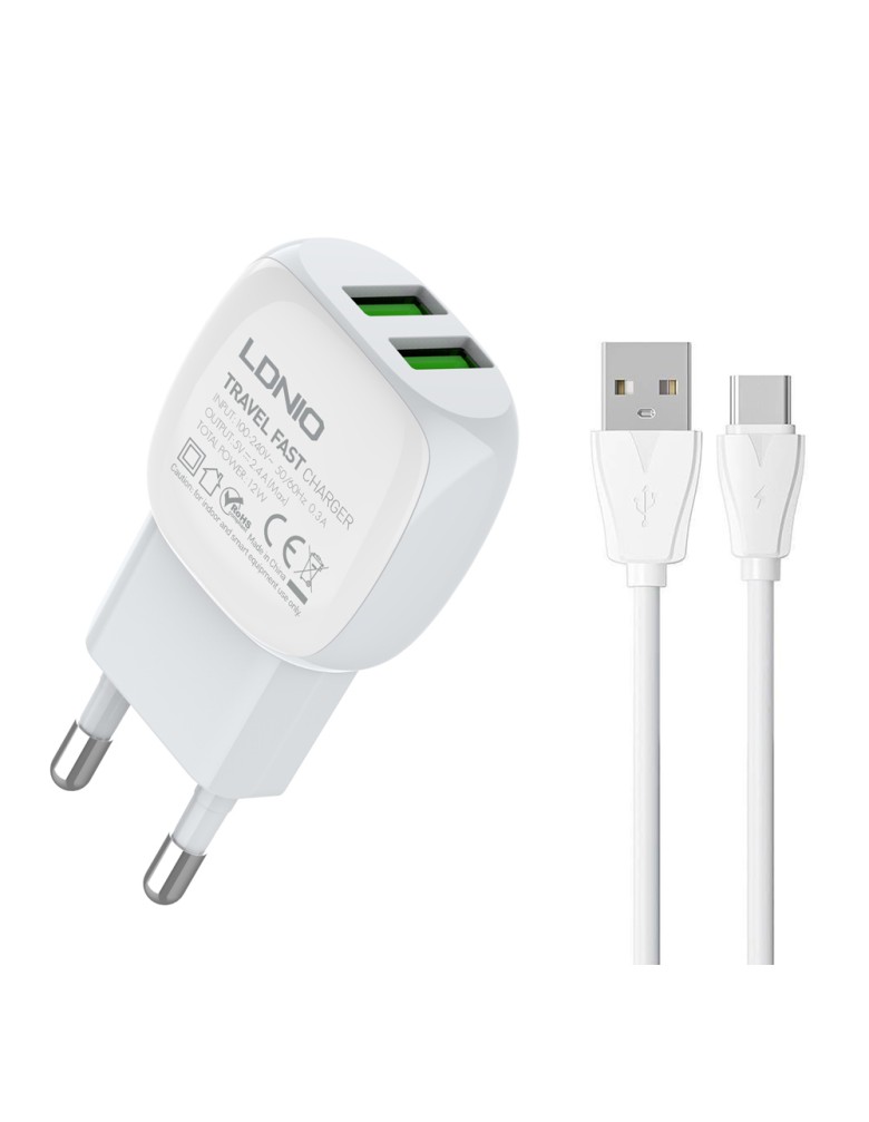 LDNIO φορτιστής τοίχου A2218 με καλώδιο USB-C, 2x USB, 12W, λευκός