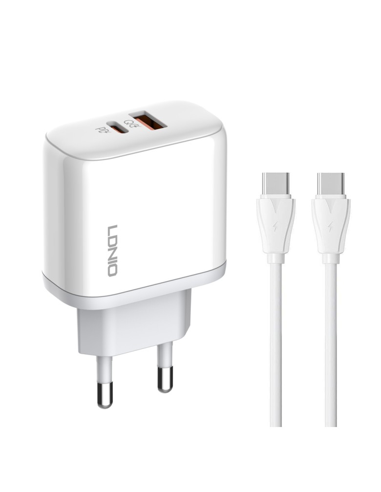 LDNIO φορτιστής τοίχου A2526C με καλώδιο, USB & USB-C, 45W PD, λευκός