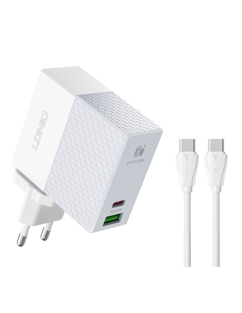 LDNIO φορτιστής τοίχου A2620C με καλώδιο, USB & USB-C, 65W PD, λευκός