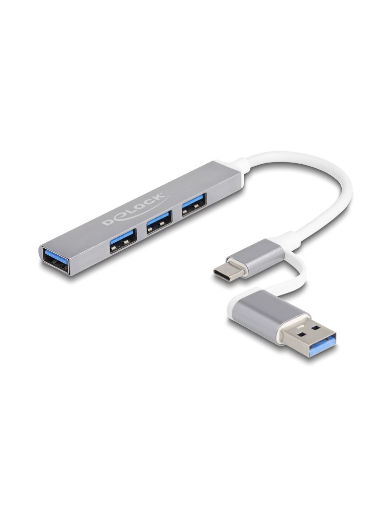 DELOCK USB hub 64214, 4x θυρών, 5Gbps, USB & USB-C σύνδεση, γκρι