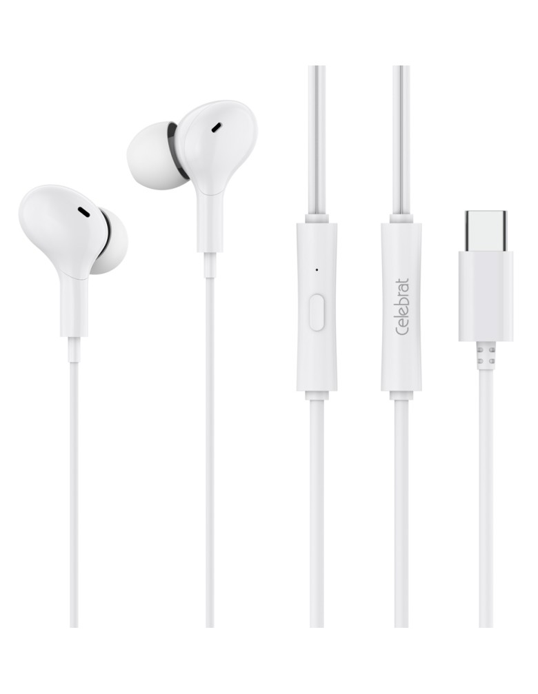 CELEBRAT earphones με μικρόφωνο D13, USB-C σύνδεση, Φ10mm, 1.2m, λευκά