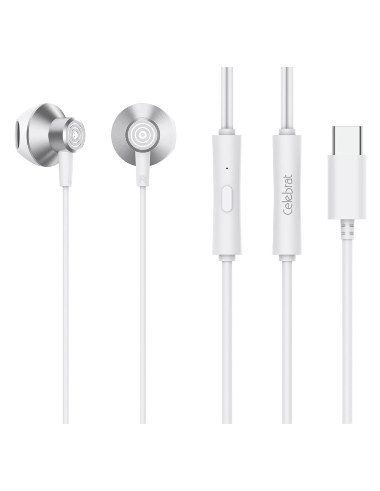 CELEBRAT earphones με μικρόφωνο D14, USB-C σύνδεση, Φ14mm, 1.2m, λευκά