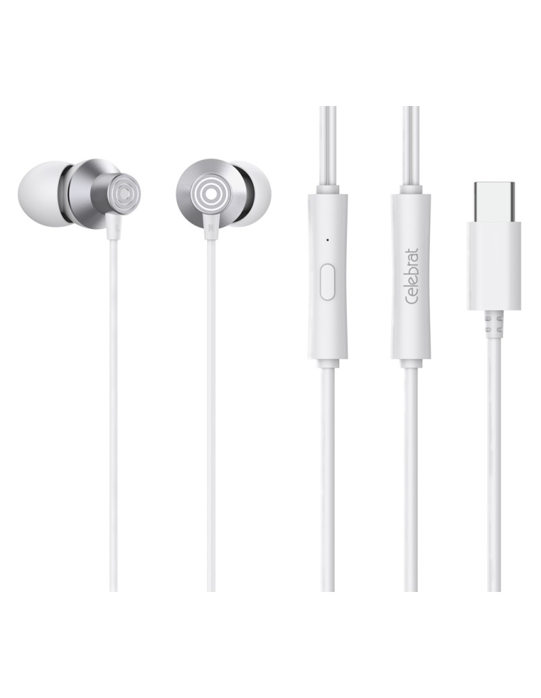 CELEBRAT earphones με μικρόφωνο D15, USB-C σύνδεση, Φ10mm, 1.2m, λευκά