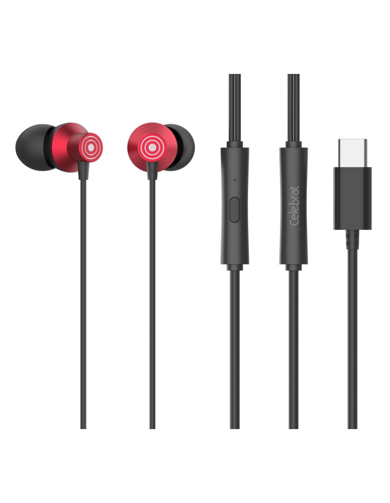 CELEBRAT earphones με μικρόφωνο D15, USB-C σύνδεση, Φ10mm, 1.2m, κόκκινα