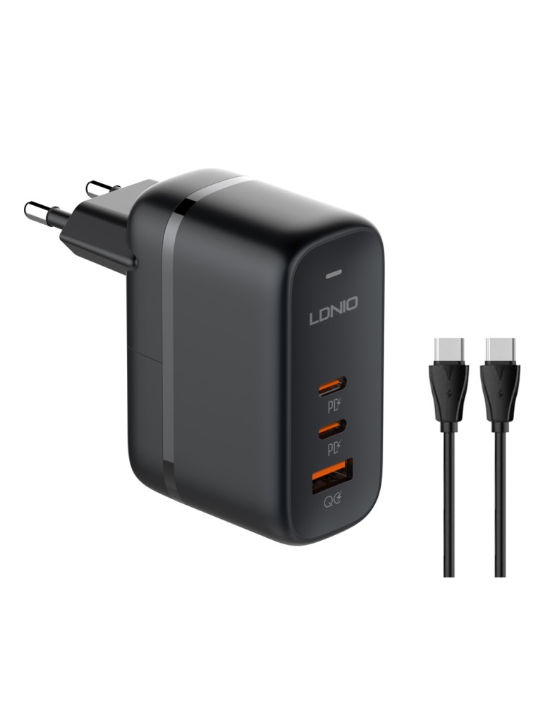 LDNIO φορτιστής τοίχου Q366 με καλώδιο, USB/2x USB-C, 65W, GaN, μαύρος