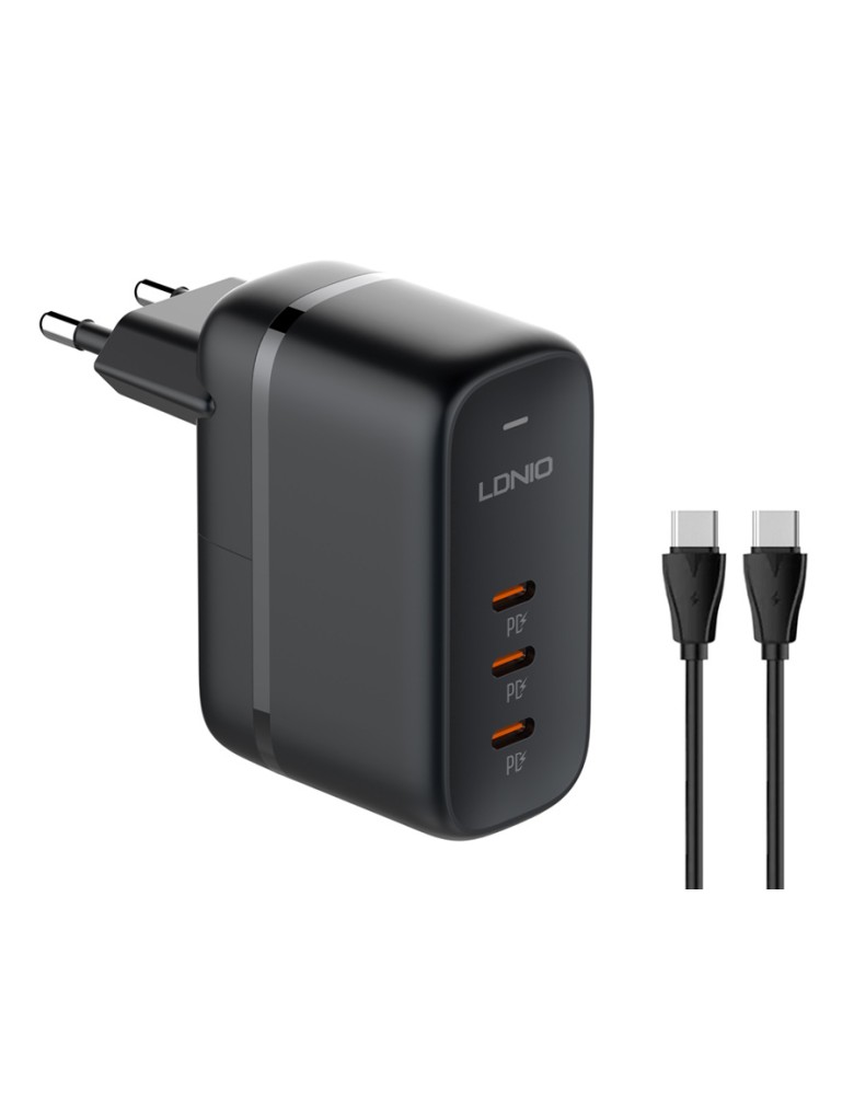 LDNIO φορτιστής τοίχου Q367 με καλώδιο USB-C, 3x USB-C, 65W, GaN, μαύρος