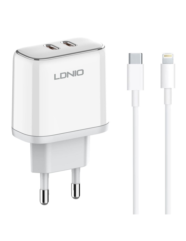 LDNIO φορτιστής τοίχου A2528M με καλώδιο, 2x USB-C, 35W, MFi, λευκό