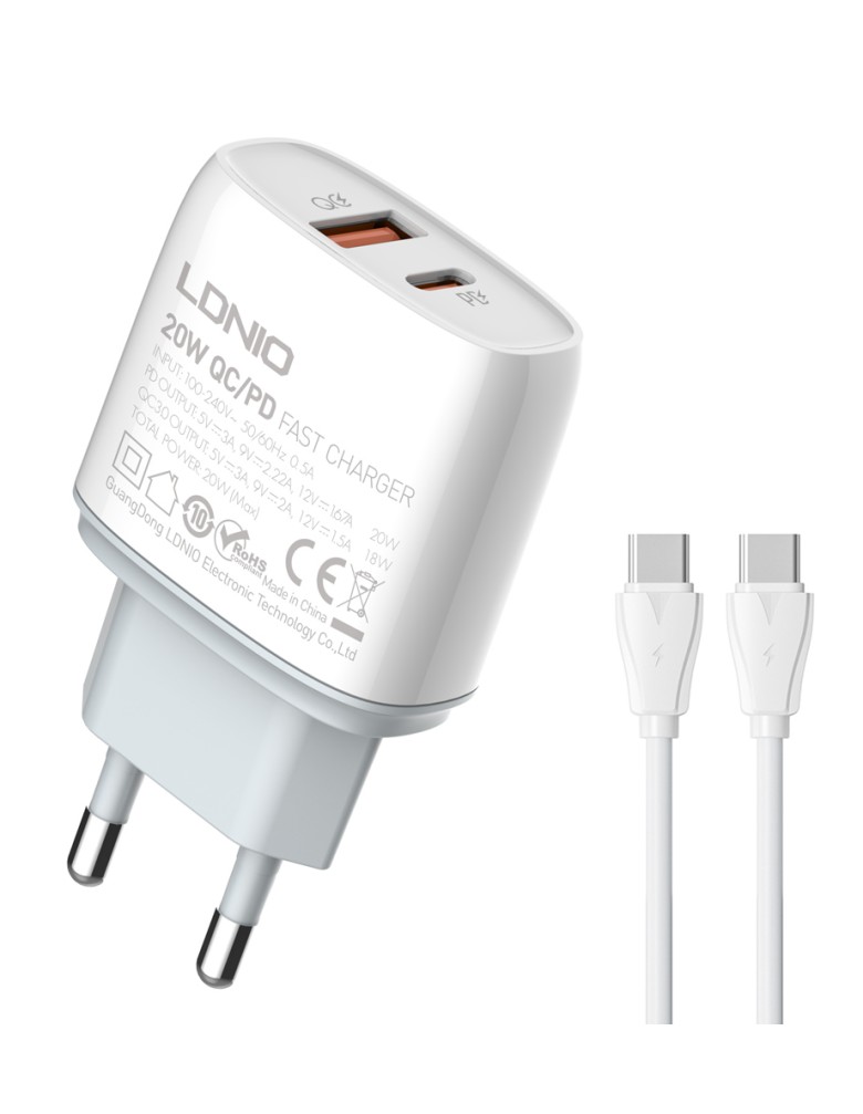 LDNIO φορτιστής τοίχου Q229 με καλώδιο, USB & USB-C, 20W PD, λευκός