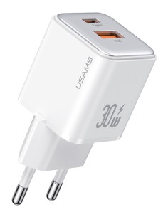 USAMS φορτιστής τοίχου US-CC189, USB & USB-C, 30W PD, λευκός