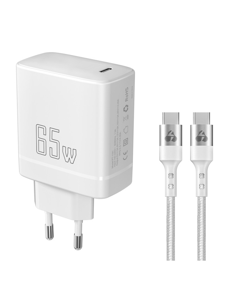 POWERTECH φορτιστής τοίχου PT-1181 με καλώδιο, USB-C, 65W, GaN, λευκός