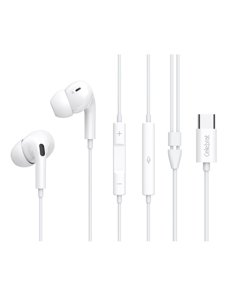 CELEBRAT earphones με μικρόφωνο E300, USB-C σύνδεση, Φ10mm, 1.2m, λευκά