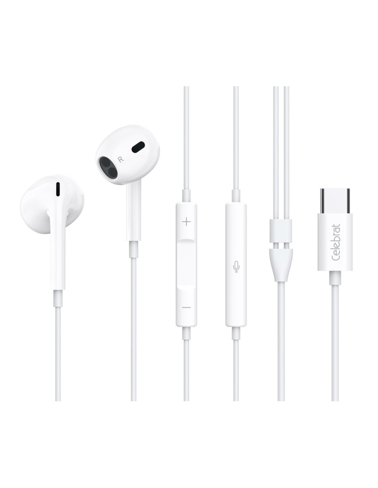 CELEBRAT earphones με μικρόφωνο E400, USB-C σύνδεση, Φ14mm, 1.2m, λευκά