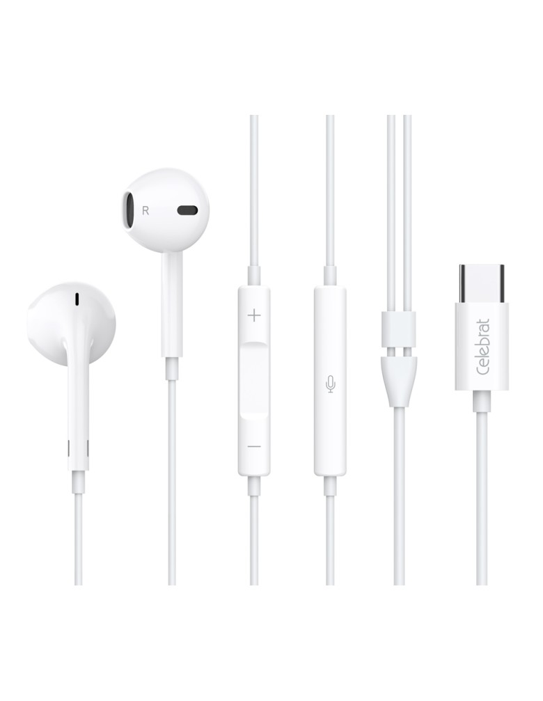 CELEBRAT earphones με μικρόφωνο E500, USB-C σύνδεση, Φ14mm, 1.2m, λευκά