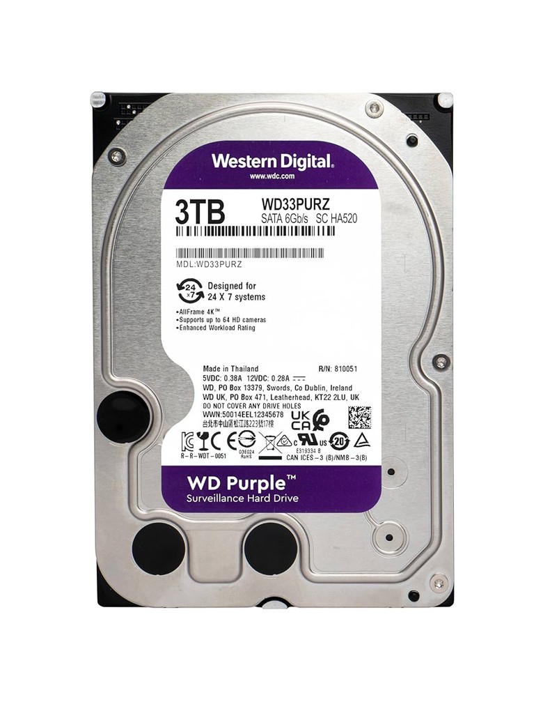 WD σκληρός δίσκος 3.5" Purple Surveillance 3TB, 256MB, 5400RPM, SATA III