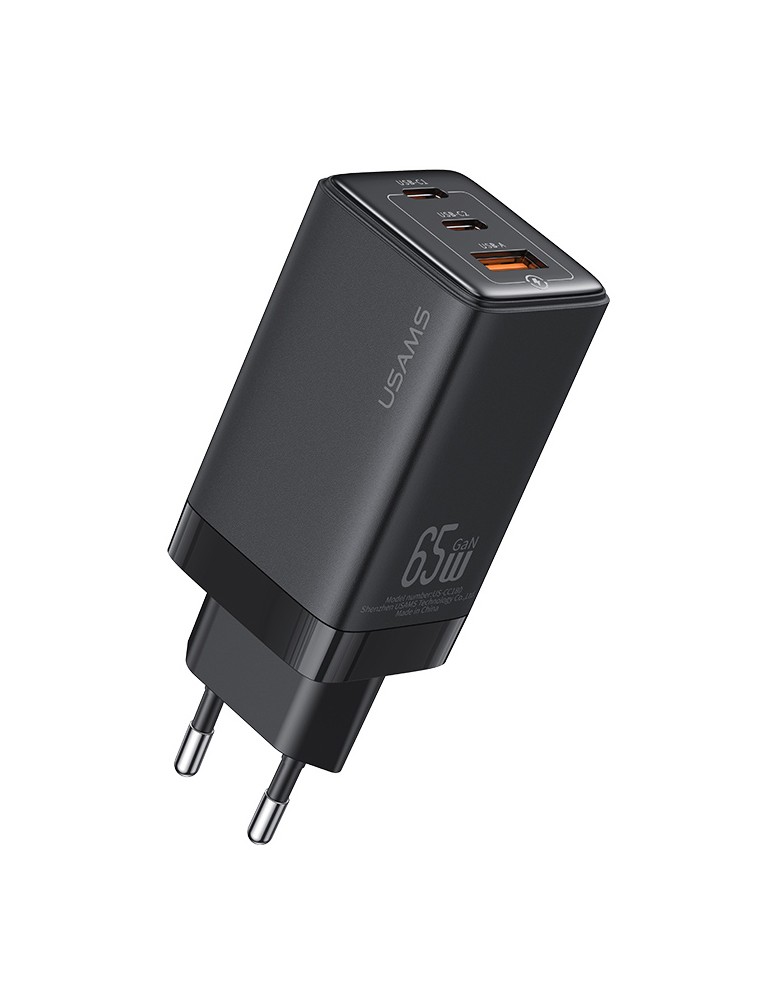 USAMS φορτιστής τοίχου US-CC180, USB & 2x USB-C, 65W PD, GaN, μαύρος