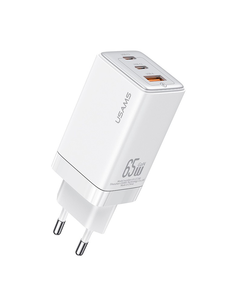 USAMS φορτιστής τοίχου US-CC180, USB & 2x USB-C, 65W PD, GaN, λευκός