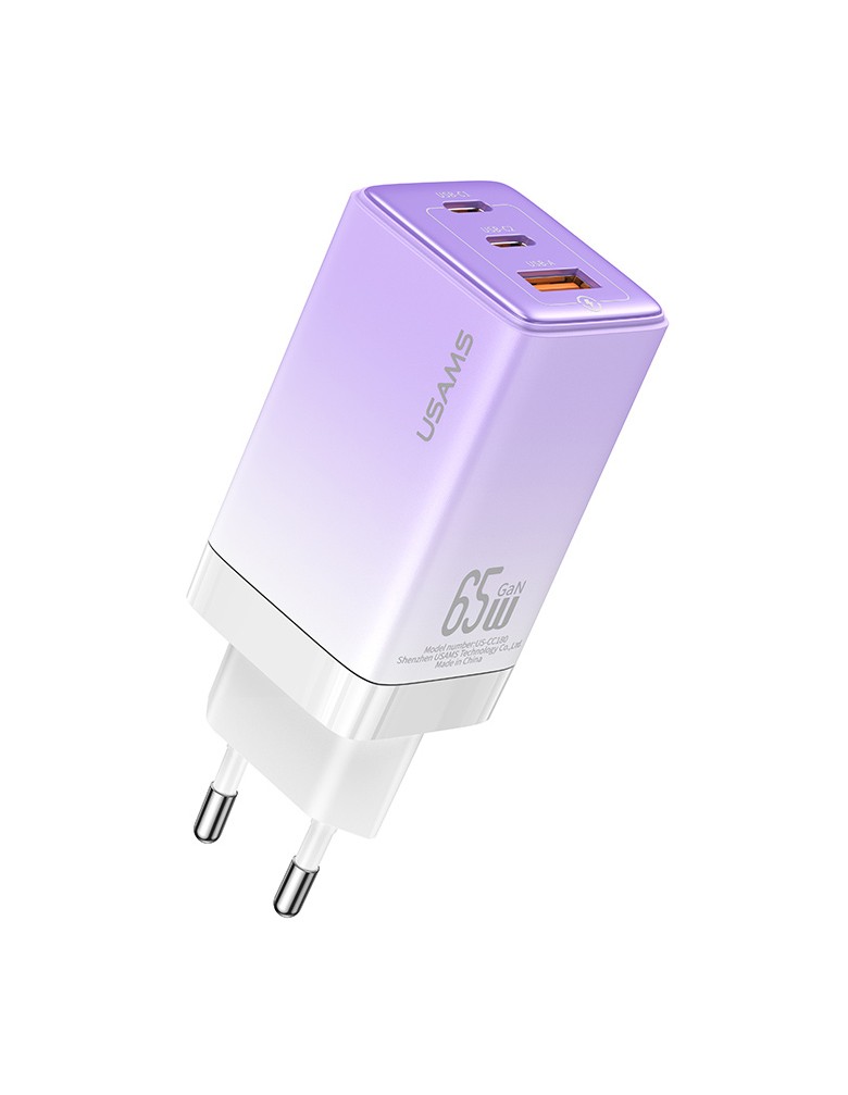 USAMS φορτιστής τοίχου US-CC180, USB & 2x USB-C, 65W PD, GaN, μωβ