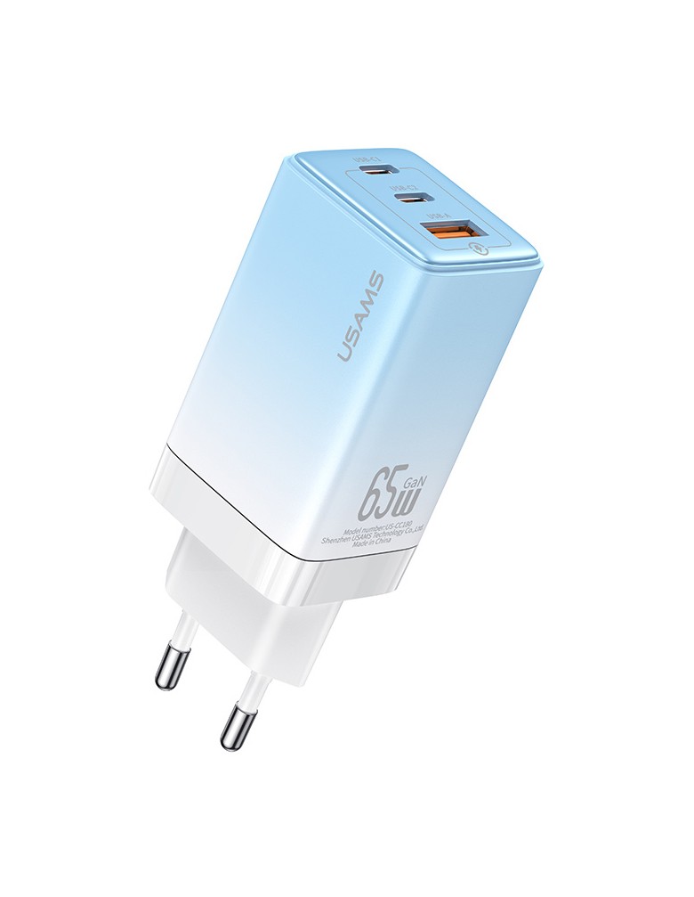 USAMS φορτιστής τοίχου US-CC180, USB & 2x USB-C, 65W PD, GaN, μπλε