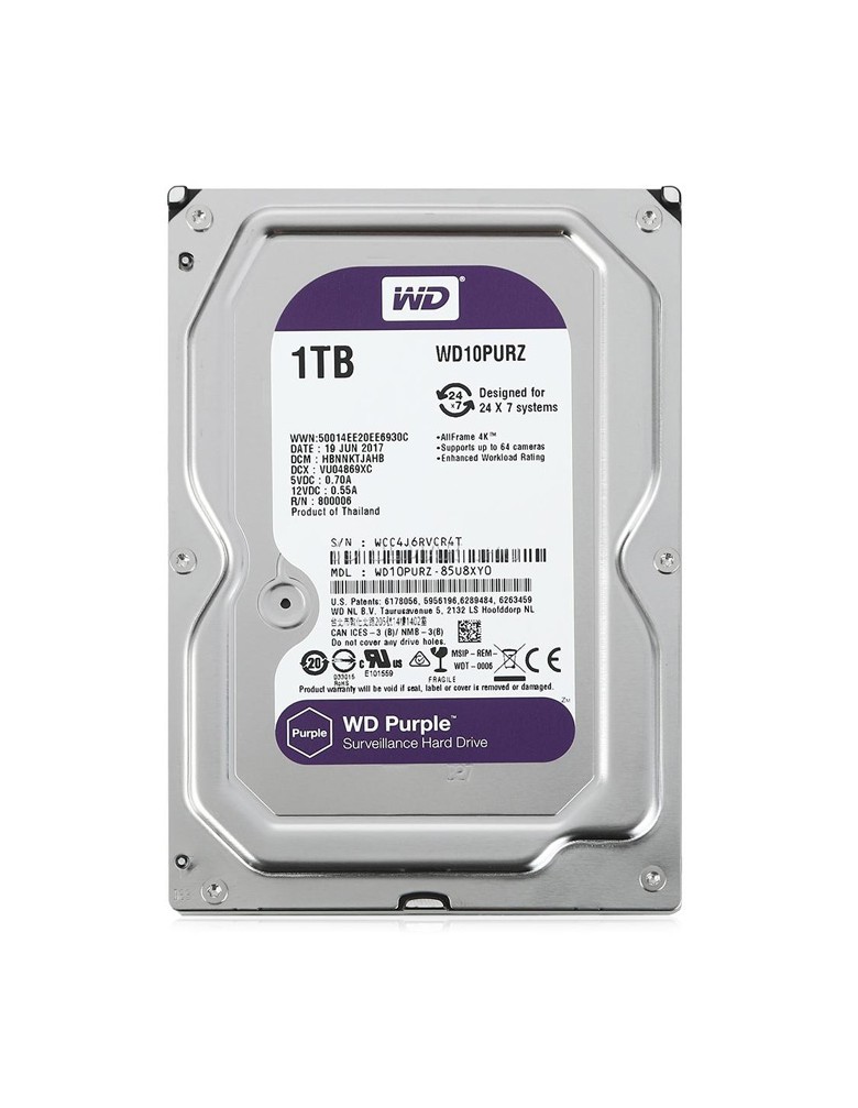 WD σκληρός δίσκος 3.5" Purple Surveillance 1TB, 64MB, 5400RPM, SATA III