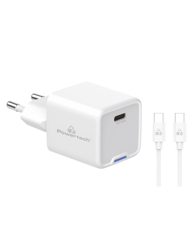 POWERTECH φορτιστής τοίχου PT-1225 με καλώδιο, USB-C, 33W, GaN, λευκός