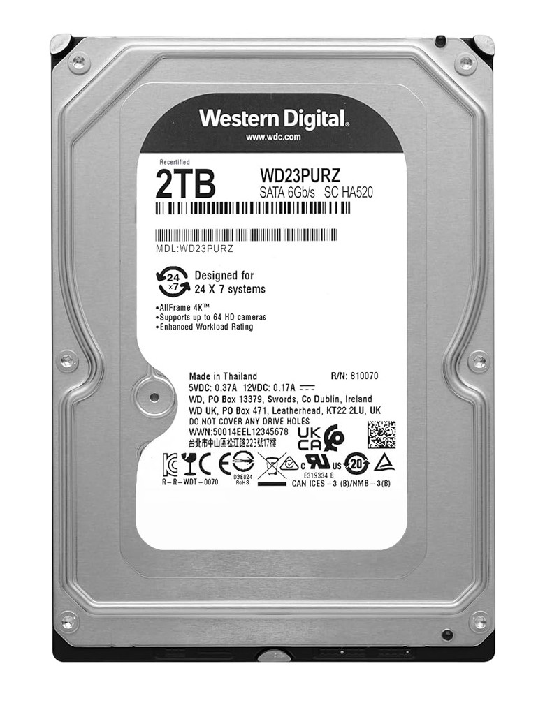 WD σκληρός δίσκος 3.5" Purple Surveillance 2TB, 64MB, 5400RPM, 6Gb/s, FR