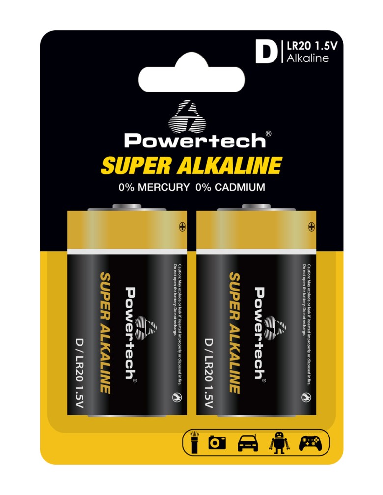 POWERTECH αλκαλικές μπαταρίες Super Alkaline PT-1217, LR20, 1.5V, 2τμχ